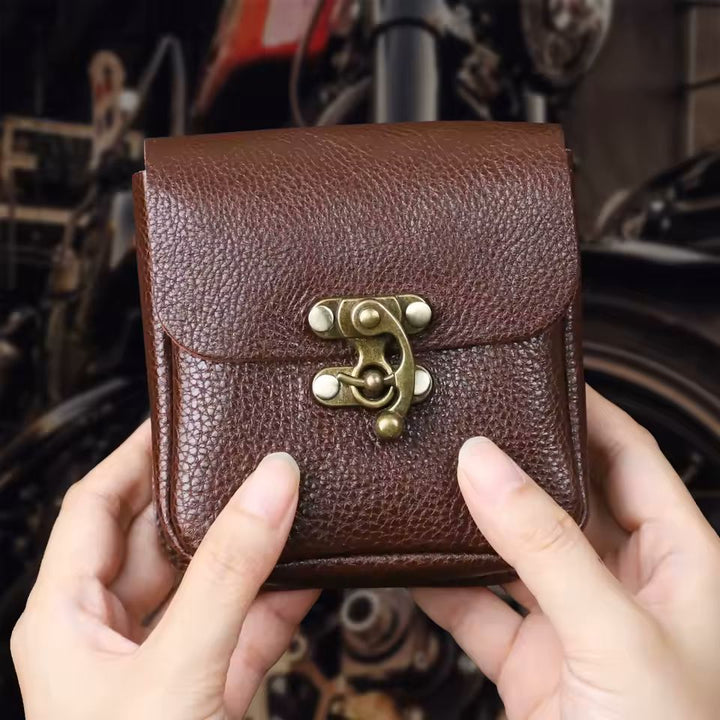 Coffee leather belt pouch angle view highlighting pebbled cowhide texture and bronze hardware