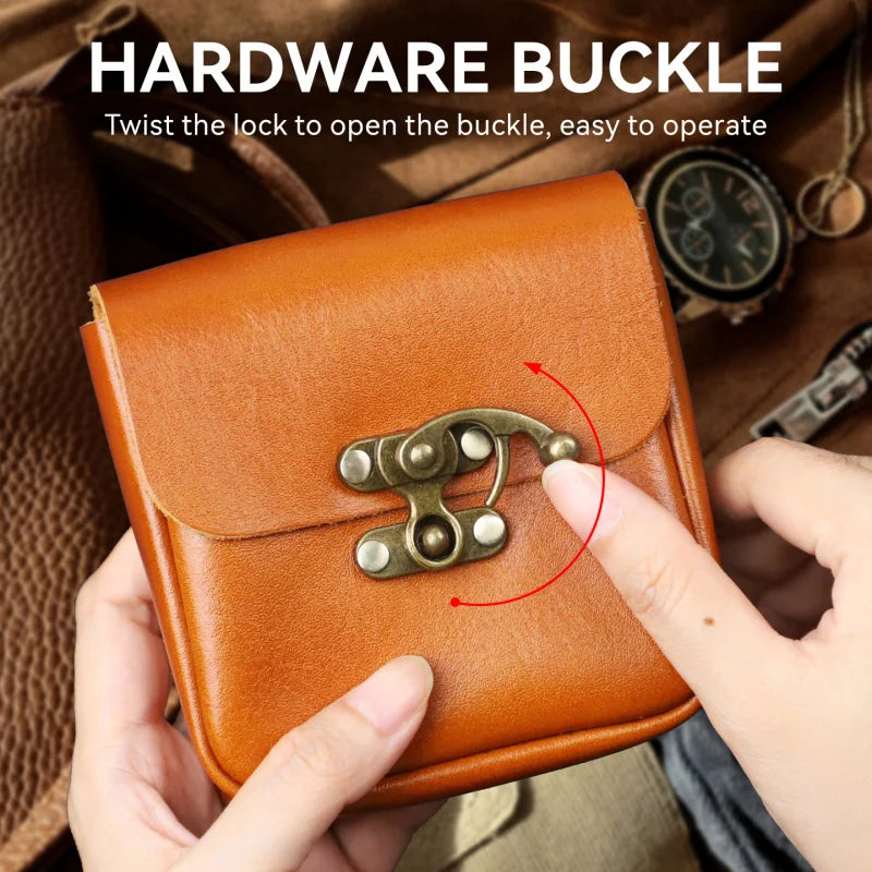 Namrico leather belt pouch close-up of antique turn-lock mechanism on brown cowhide