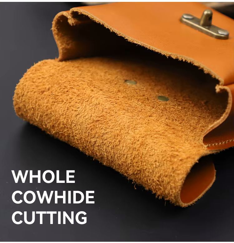 Three leather belt pouches overhead flat lay on dark grey surface showing color range