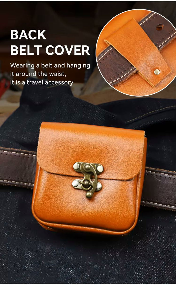A tan leather back belt cover pouch with a brass clasp, shown attached to a dark brown belt over dark denim fabric. White text on the left reads &