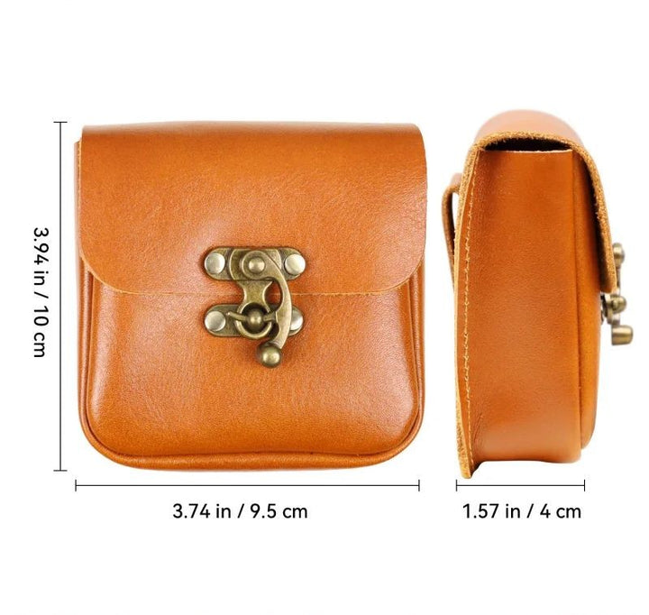 A small tan leather pouch or case shown from the front and side on a white background, with dimension labels indicating 3.94 in height, 3.