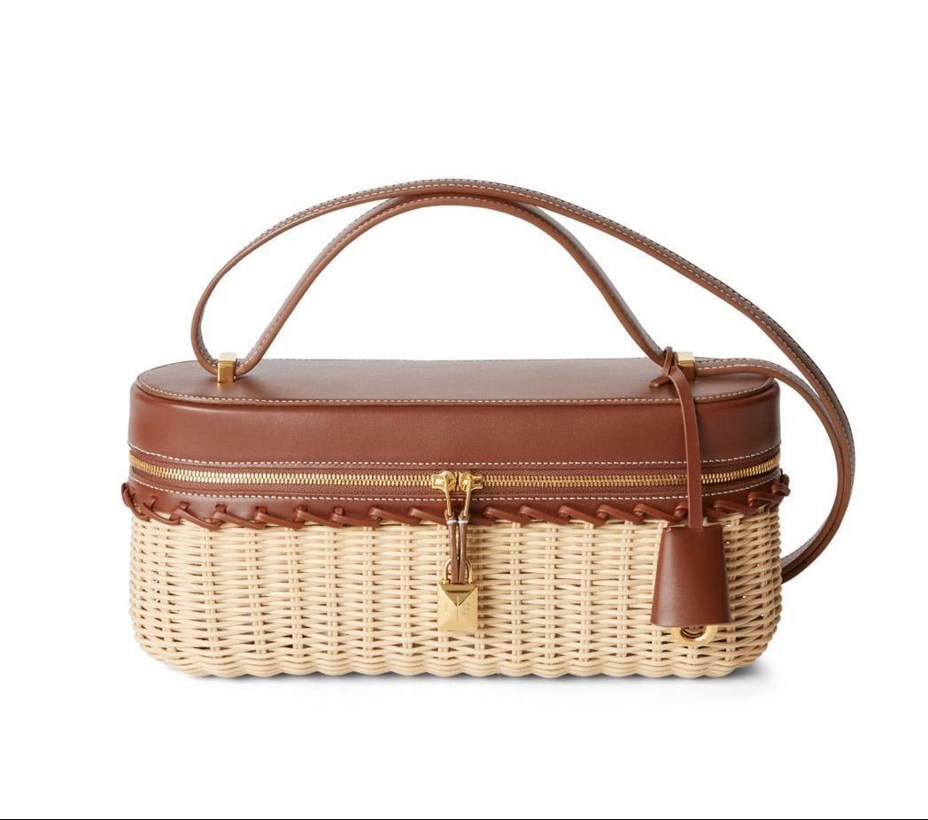 Luxury bamboo wicker box bag with leather handle and gold zip closure detail