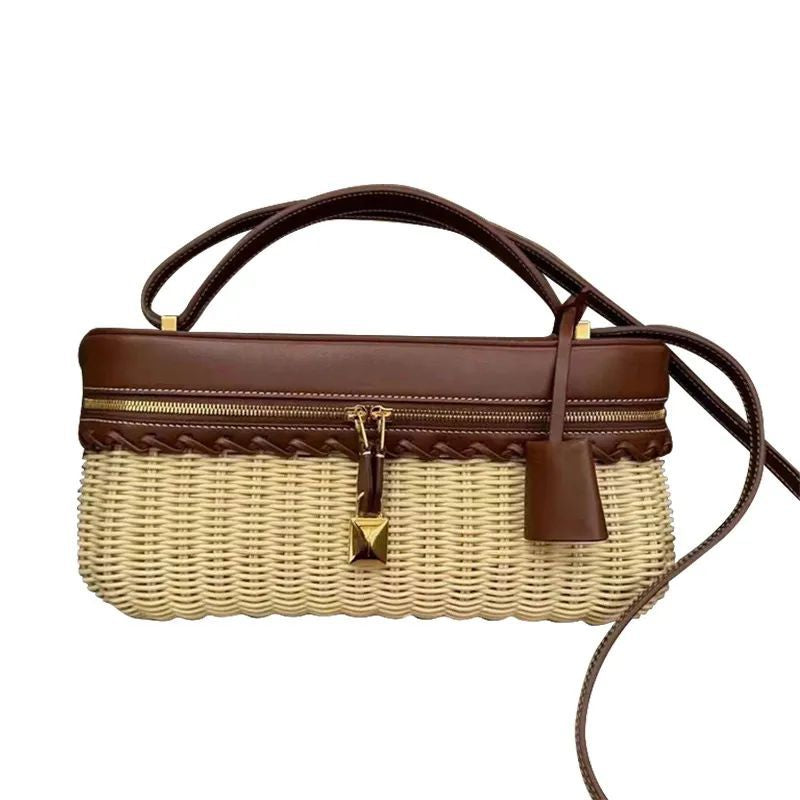 Woven rattan and leather shoulder bag with gold padlock and whipstitch detail