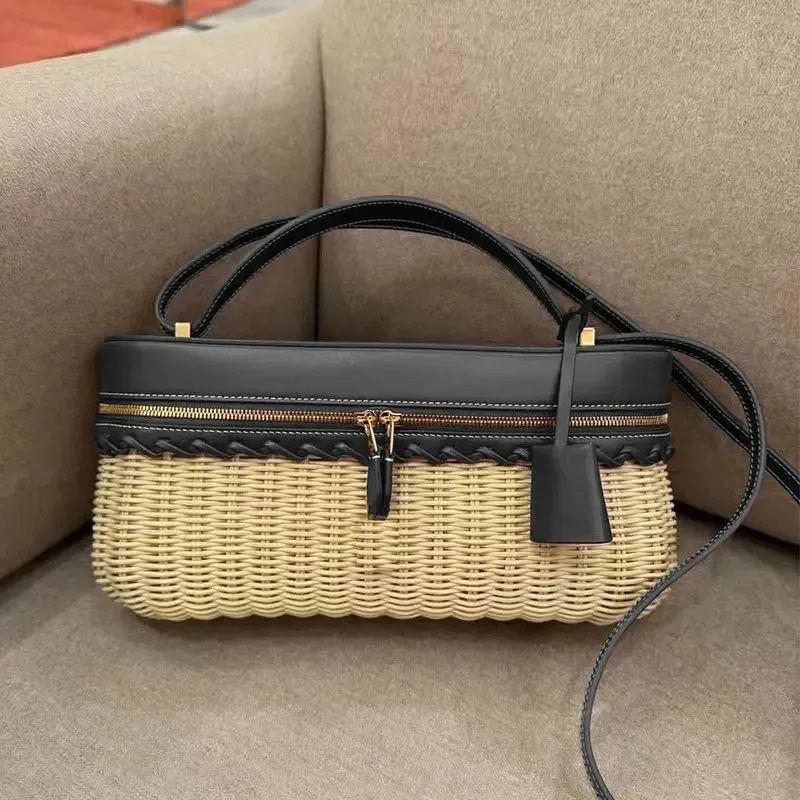 Summer bamboo box bag side view with leather crossbody strap and gold zipper