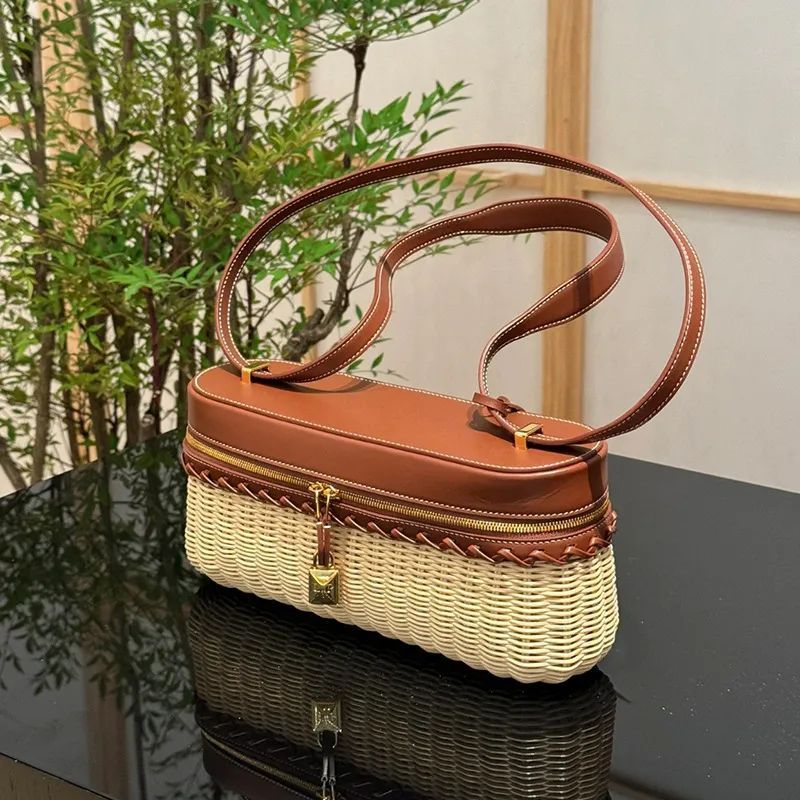 Bamboo leather box handbag top view open interior with zip closure