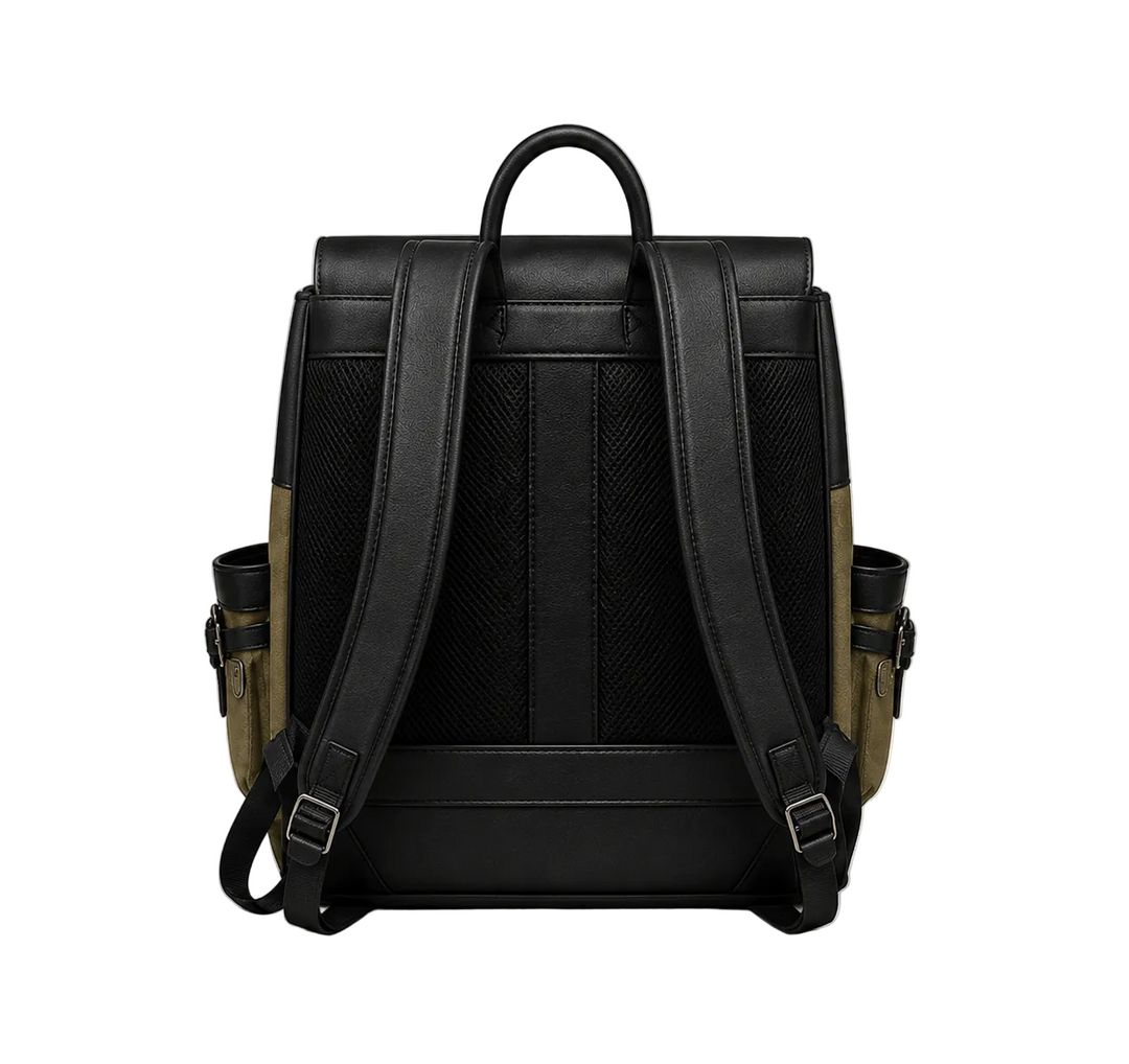 Black backpack with green side pockets on a white background