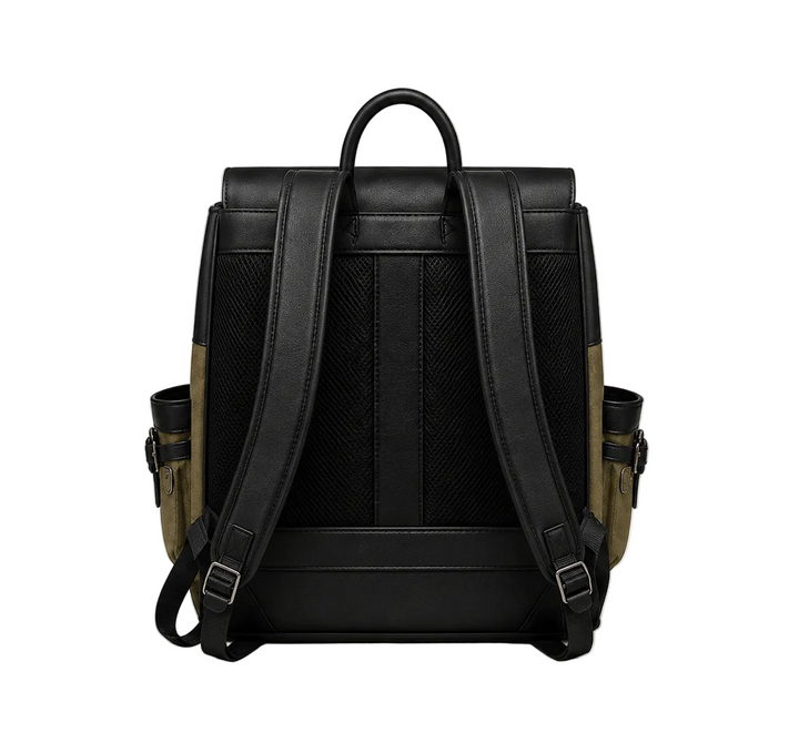 Black backpack with green side pockets on a white background
