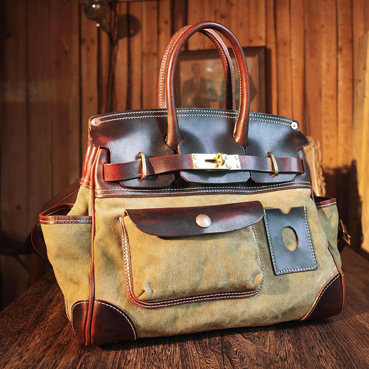 Canvas weekender bag with gold hardware closure