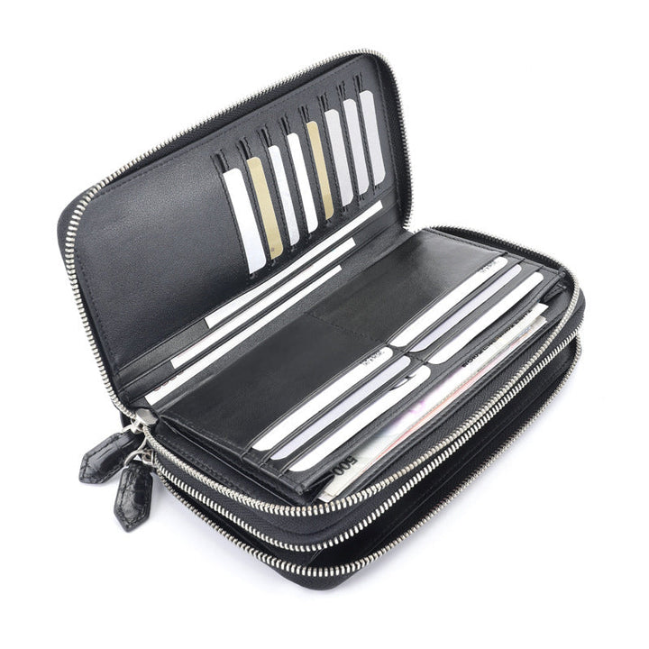 Black croc embossed long wallet with double zip