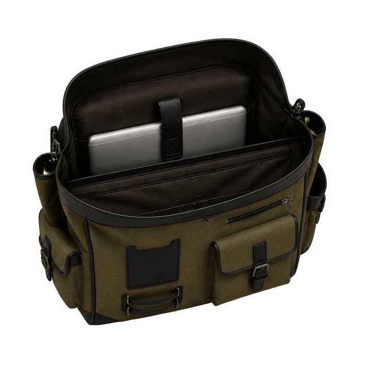 Brown bag with a laptop inside on a white background