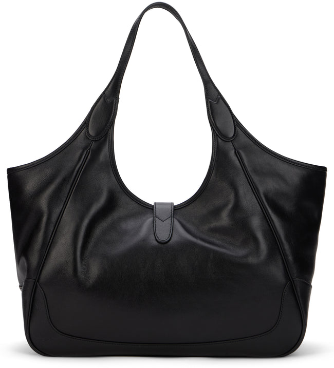 A black leather slouchy hobo tote bag with dual shoulder straps and a small central tab detail, shown against a plain white background.