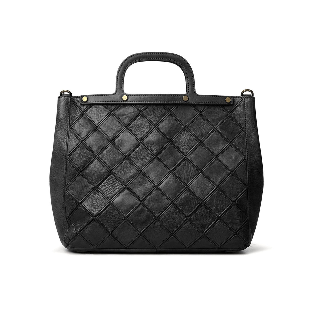 Deep brown quilted leather tote with top handle
