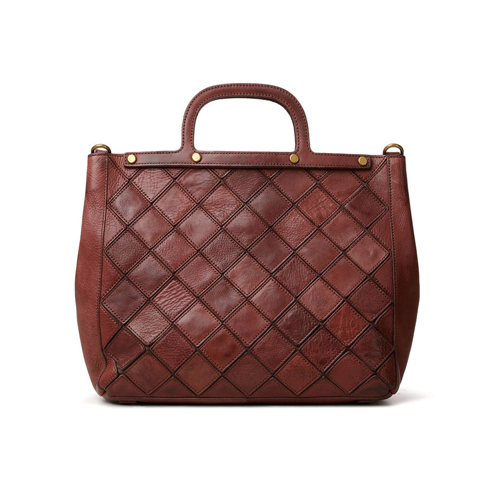 Brown leather bag back view