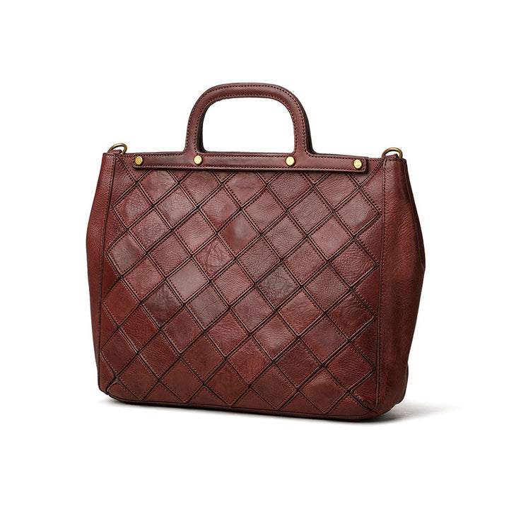 Premium mahogany leather tote with quilted pattern