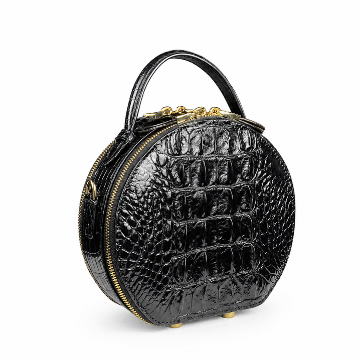Black Round Crocodile Leather Bag - Luxury Crossbody Handbag