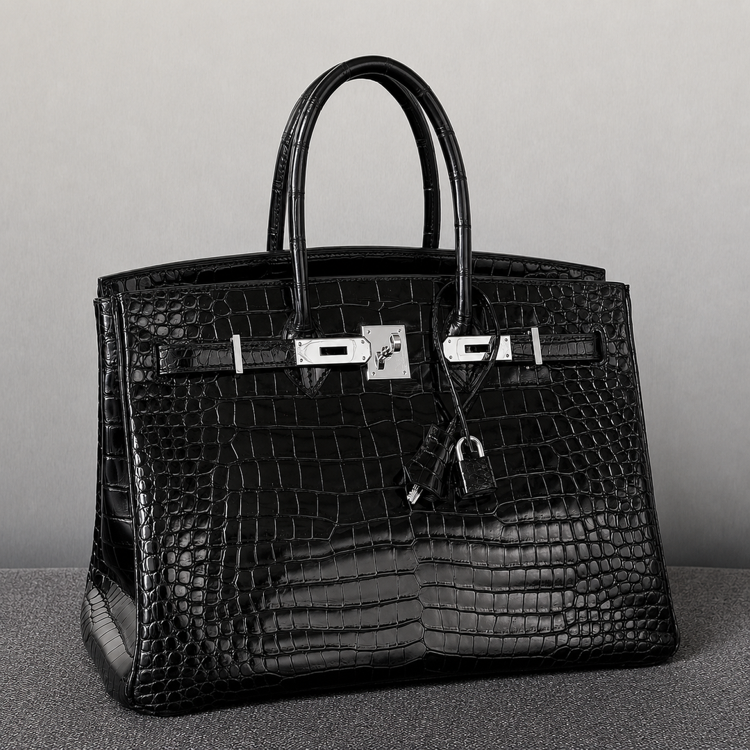 Black crocodile skin handbag with silver hardware on a gray background