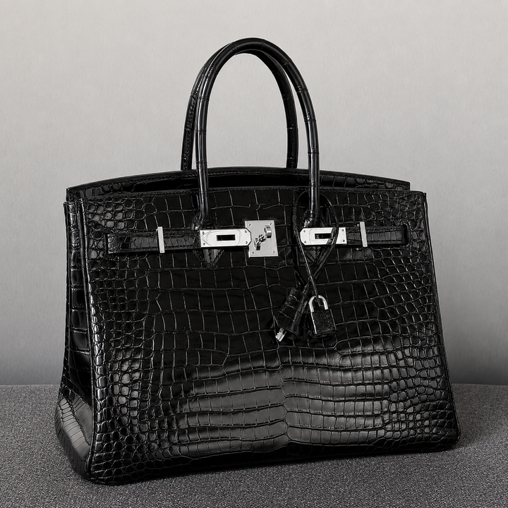 Black crocodile skin handbag with silver hardware on a gray background