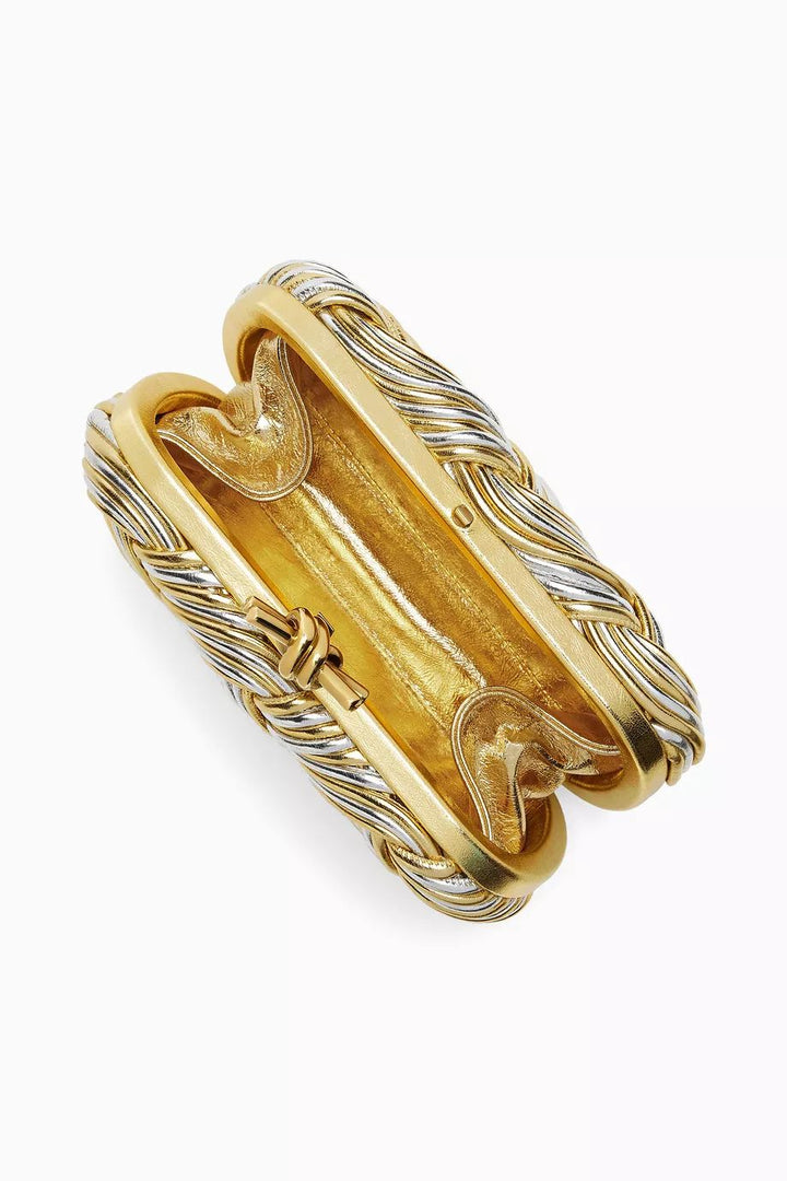 Gold bracelet with braided design on a white background