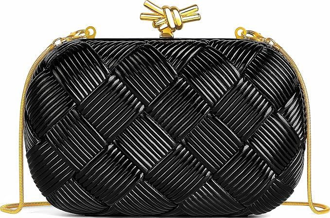 Namrico black clutch bag close-up of woven pattern and twisted gold-tone clasp closure
