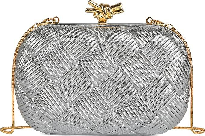 Gold woven evening clutch side view showing rounded oval hard-shell silhouette
