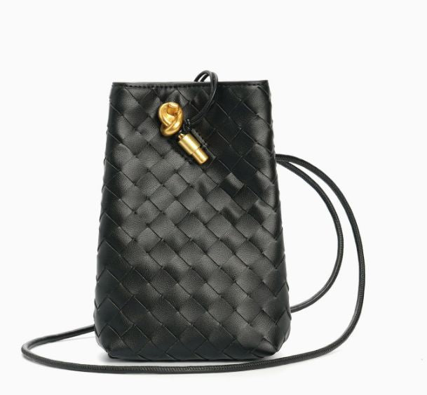 Woven leather phone pouch back view clean structured body with crossbody cord strap