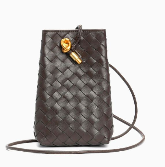 Small black intrecciato leather bag with long thin crossbody strap detail