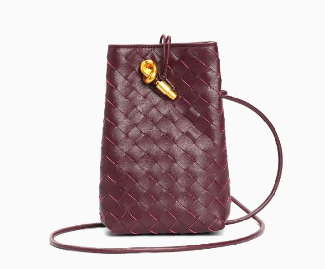 Intrecciato leather phone pouch front view showing diagonal weave pattern and gold detail