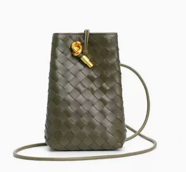 Woven Leather Phone Pouch - Gold Hardware Crossbody Mini Bag