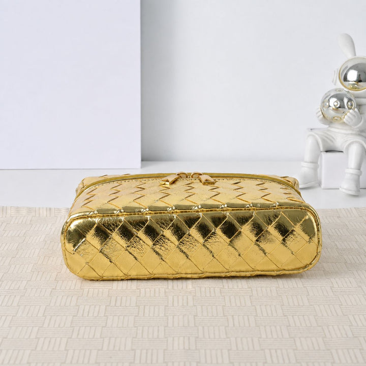 Namrico woven vanity crossbody bag lifestyle shot on styled linen surface with white decor